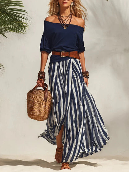 Wisterra | Belted Stripe Flow Maxi Dress