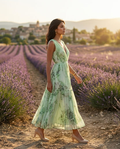 Evelisse | Watercolor Pleated Midi Dress