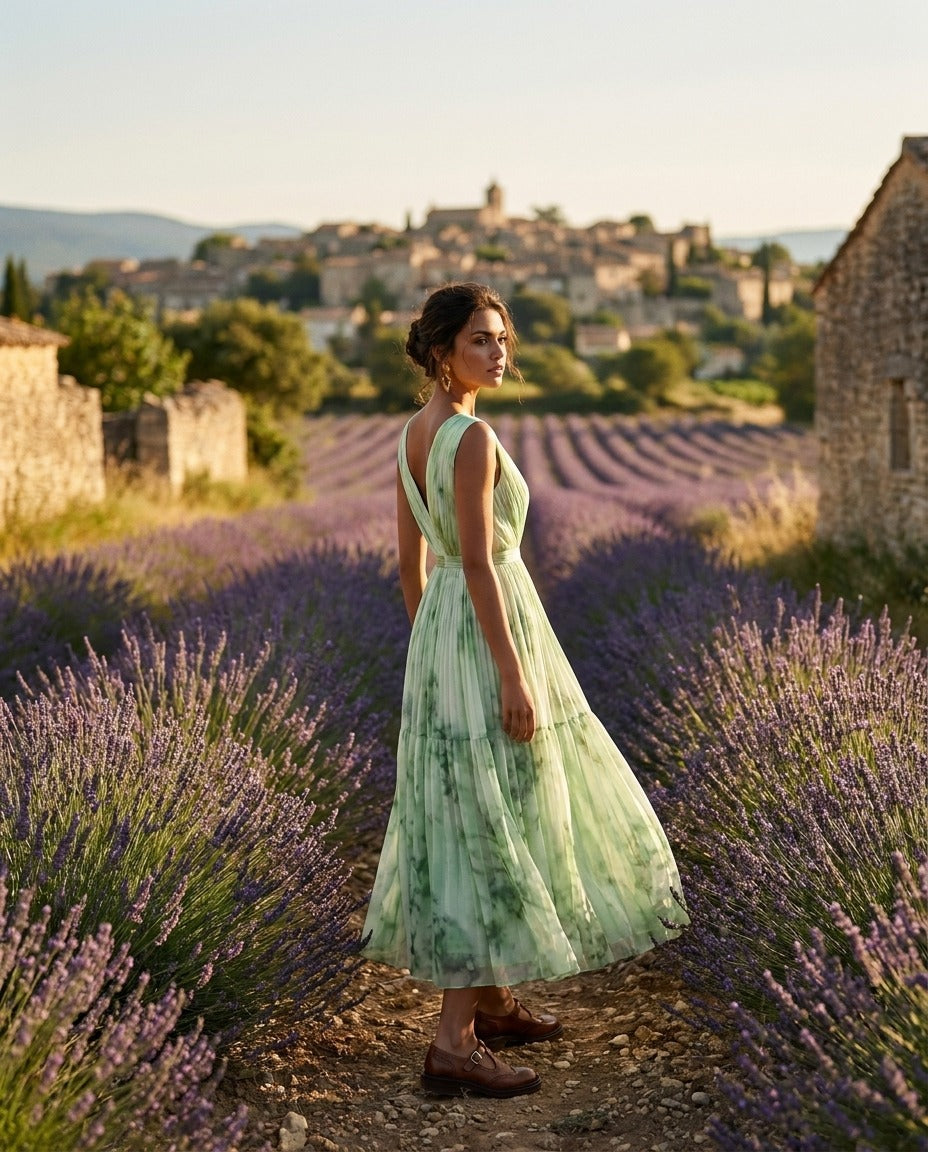Evelisse | Watercolor Pleated Midi Dress