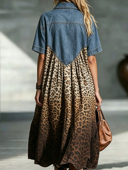 Brionyelle | Denim Bodice Leopard Maxi Dress