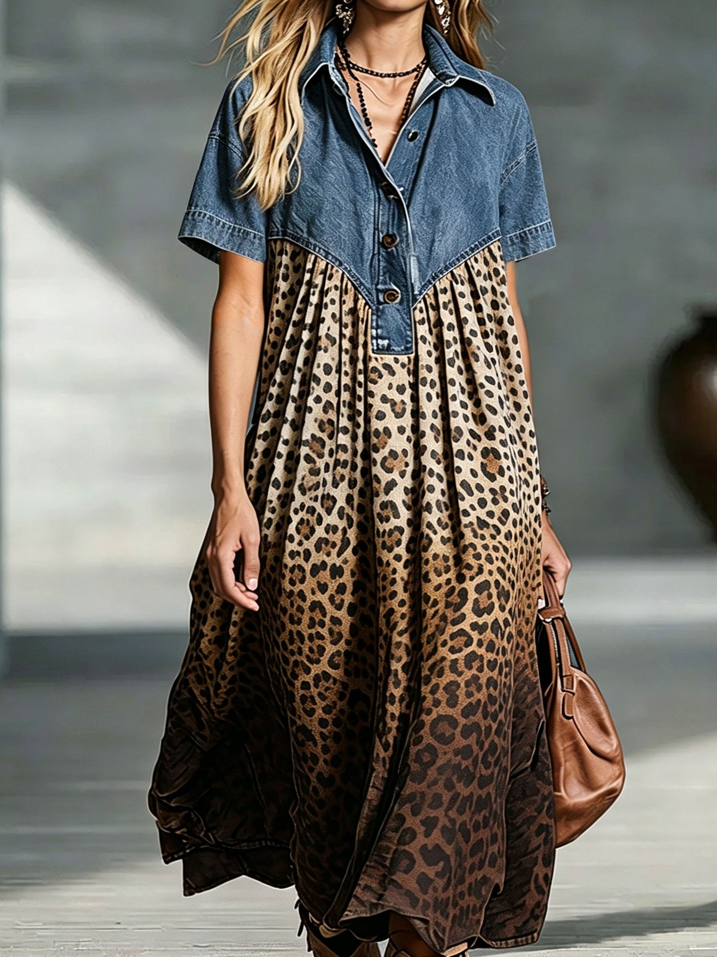 Brionyelle | Denim Bodice Leopard Maxi Dress