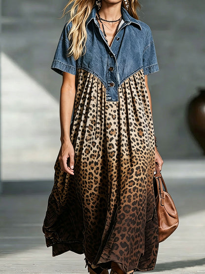 Brionyelle | Denim Bodice Leopard Maxi Dress