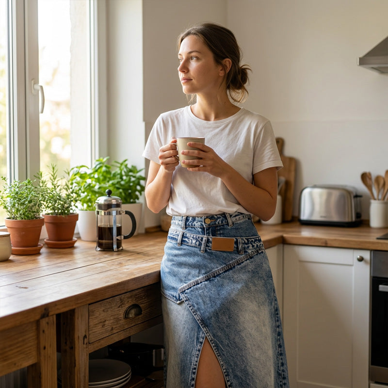 Calienne | Chic Front Slit Denim Maxi Skirt