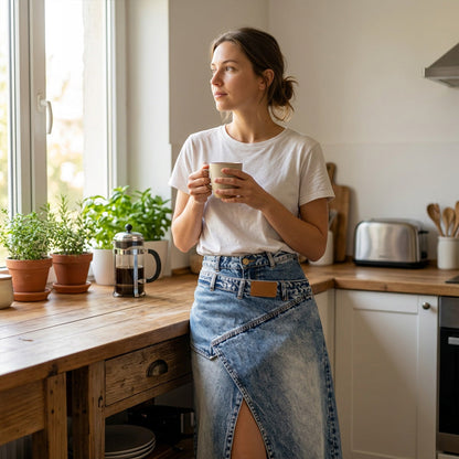 Calienne | Chic Front Slit Denim Maxi Skirt