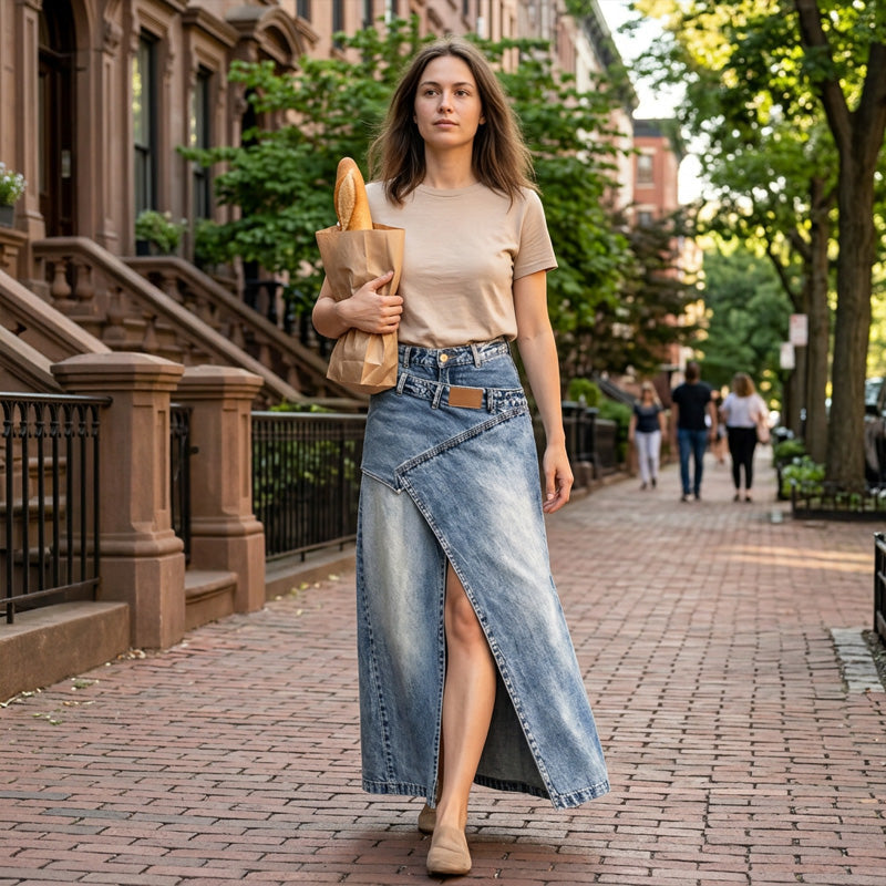 Calienne | Chic Front Slit Denim Maxi Skirt