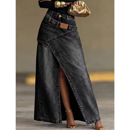 Calienne | Chic Front Slit Denim Maxi Skirt