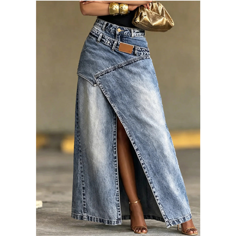 Calienne | Chic Front Slit Denim Maxi Skirt