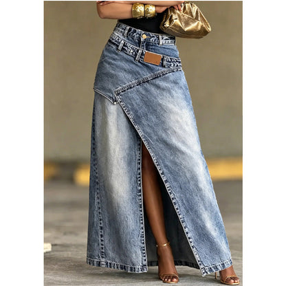 Calienne | Chic Front Slit Denim Maxi Skirt